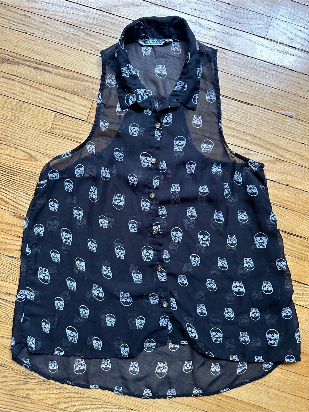 Sheer Black Skull Print Sleeveless Button-Up Shirt